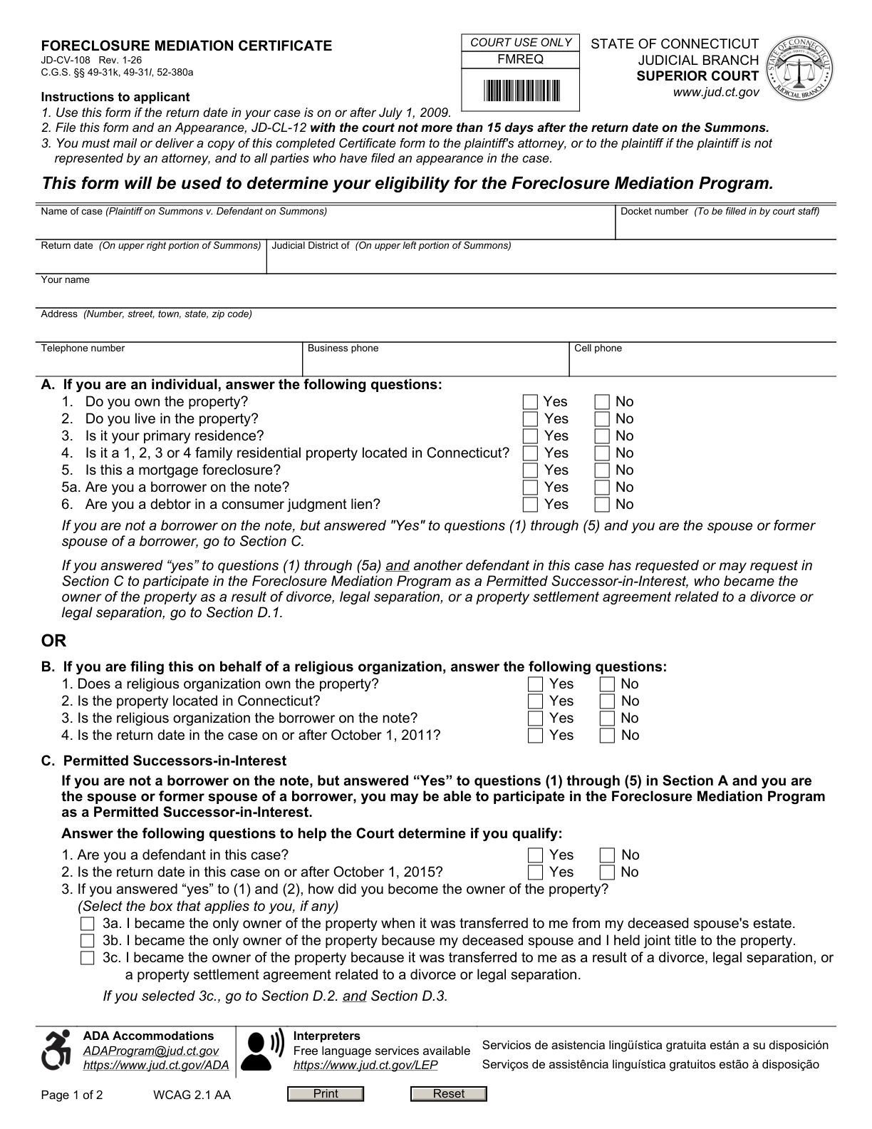 Original Connecticut Foreclosure Mediation Certificate JD-CV-108, page 1, blank